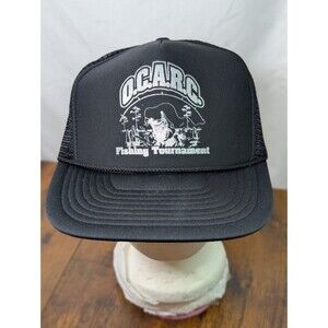 Vtg OCARC Fishing Tournament Hat Nissin Cap Snapback Black Mesh Trucker 90s TX